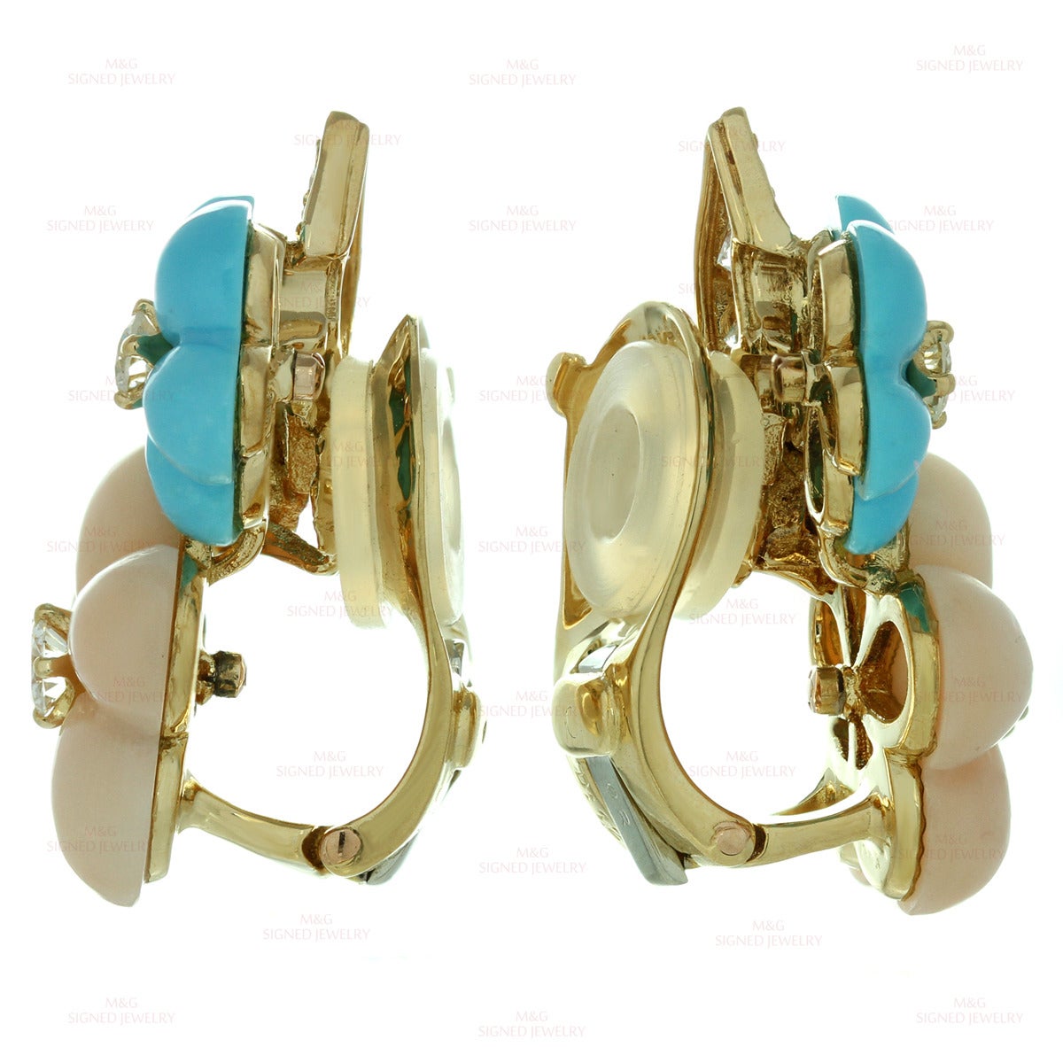 1990s Van Cleef & Arpels Turquoise Coral Diamond Gold Flower Earrings 1
