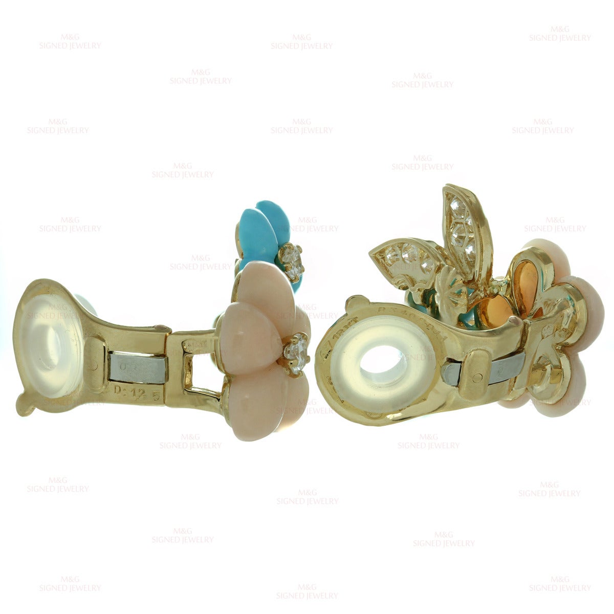 1990s Van Cleef & Arpels Turquoise Coral Diamond Gold Flower Earrings 3