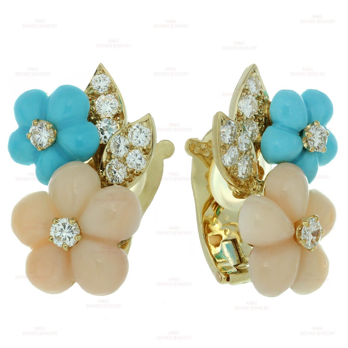 These elegant Van Cleef & Arpels clip-on earrings are crafted in 18k yellow gold and feature a two-flower design carved out of Arizona sleeping beauty turquoise and angel skin coral and accented with round brilliant-cut D-E VVS1-VVS2 diamonds of an