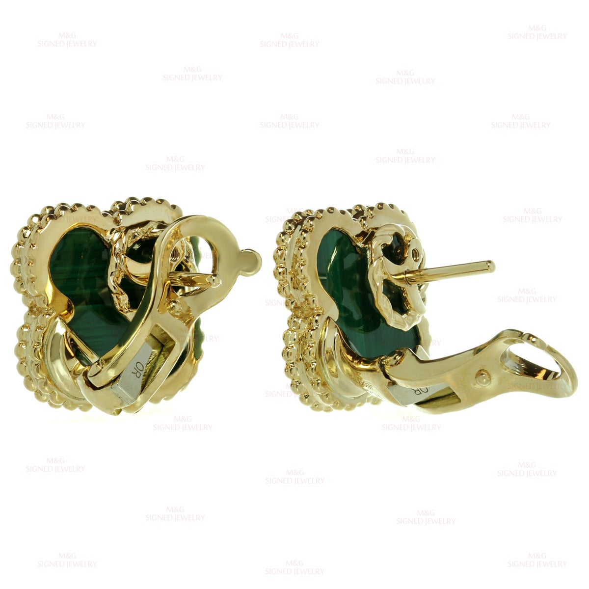 Van Cleef & Arpels Vintage Alhambra Green Malachite Gold Earrings In Excellent Condition In New York, NY