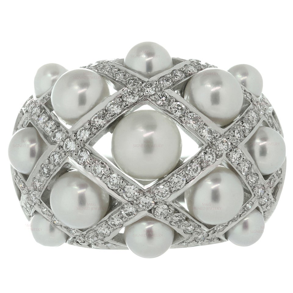 Chanel Matelasse Cultured Pearl Diamond Gold Domed Ring
