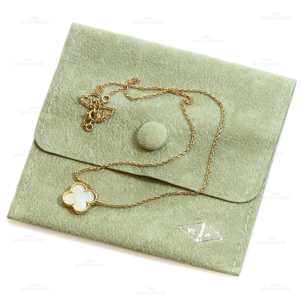 This elegant Van Cleef & Arpels pendant necklace from the vintage Alhambra collection features the lucky clover design crafted in 18k yellow gold and set with white mother-of-pearl. Made in France circa 2000s. Measurements: 0.55