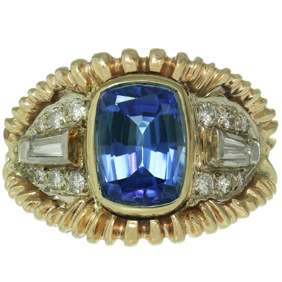 1990s Royal Blue Tanzanite Diamond Yellow White Gold Ring