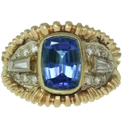 Vintage 1990s Royal Blue Tanzanite Diamond Yellow White Gold Ring