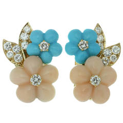 1990s Van Cleef & Arpels Turquoise Coral Diamond Gold Flower Earrings