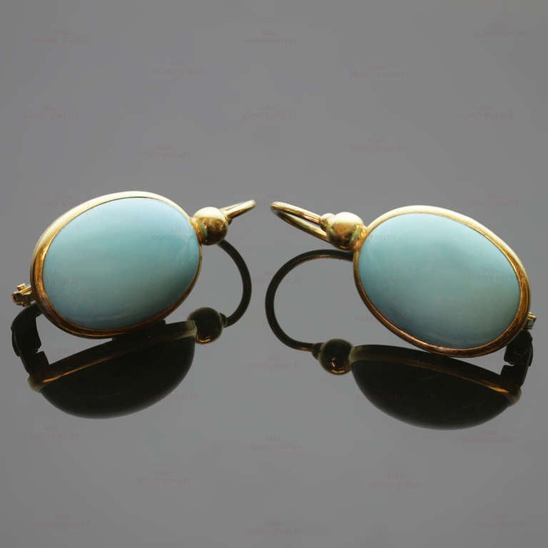 Turquoise Yellow Gold Oval Drop Earrings 3