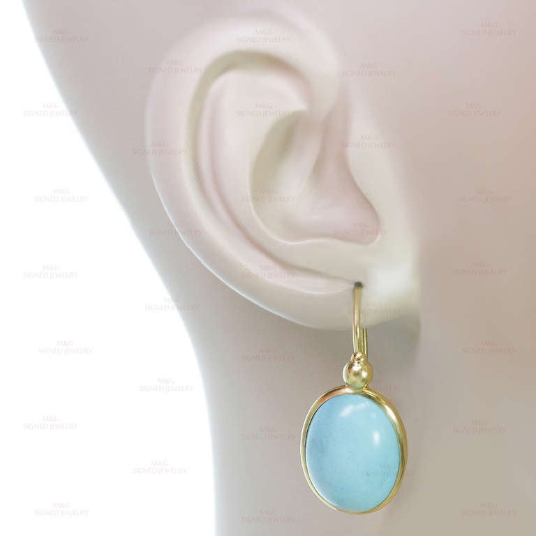 Turquoise Yellow Gold Oval Drop Earrings In Excellent Condition In New York, NY