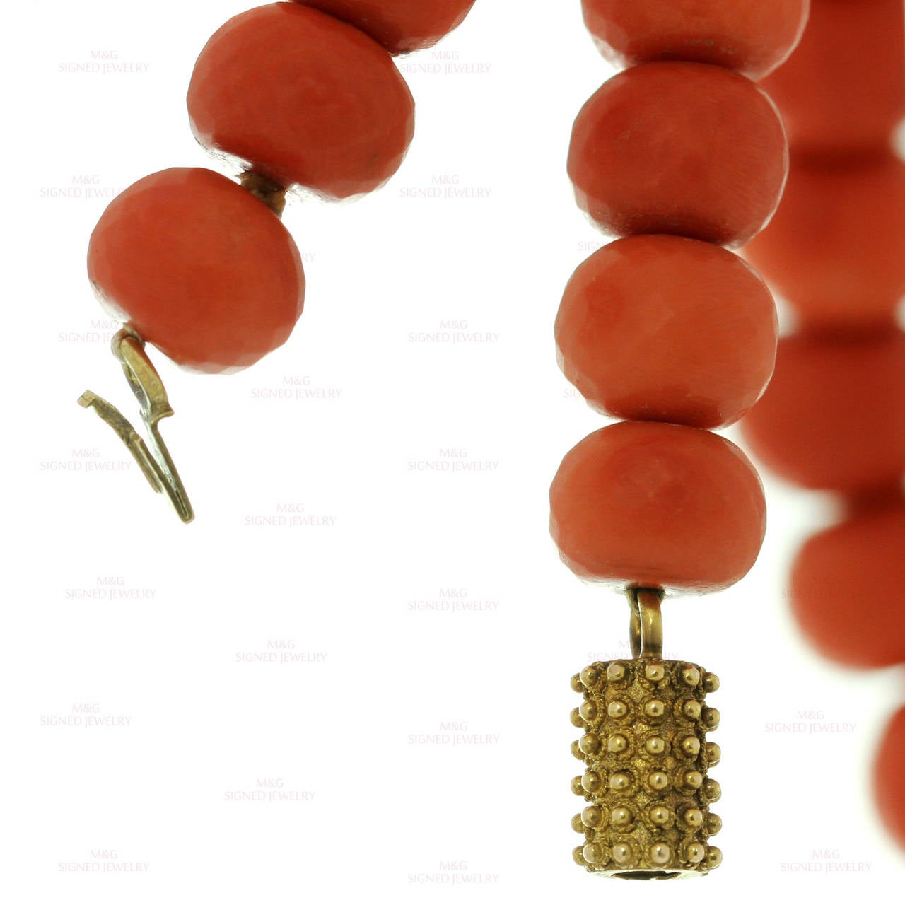 Women's 1940s Faceted Natural Red Coral Bead Gold Necklace GIA