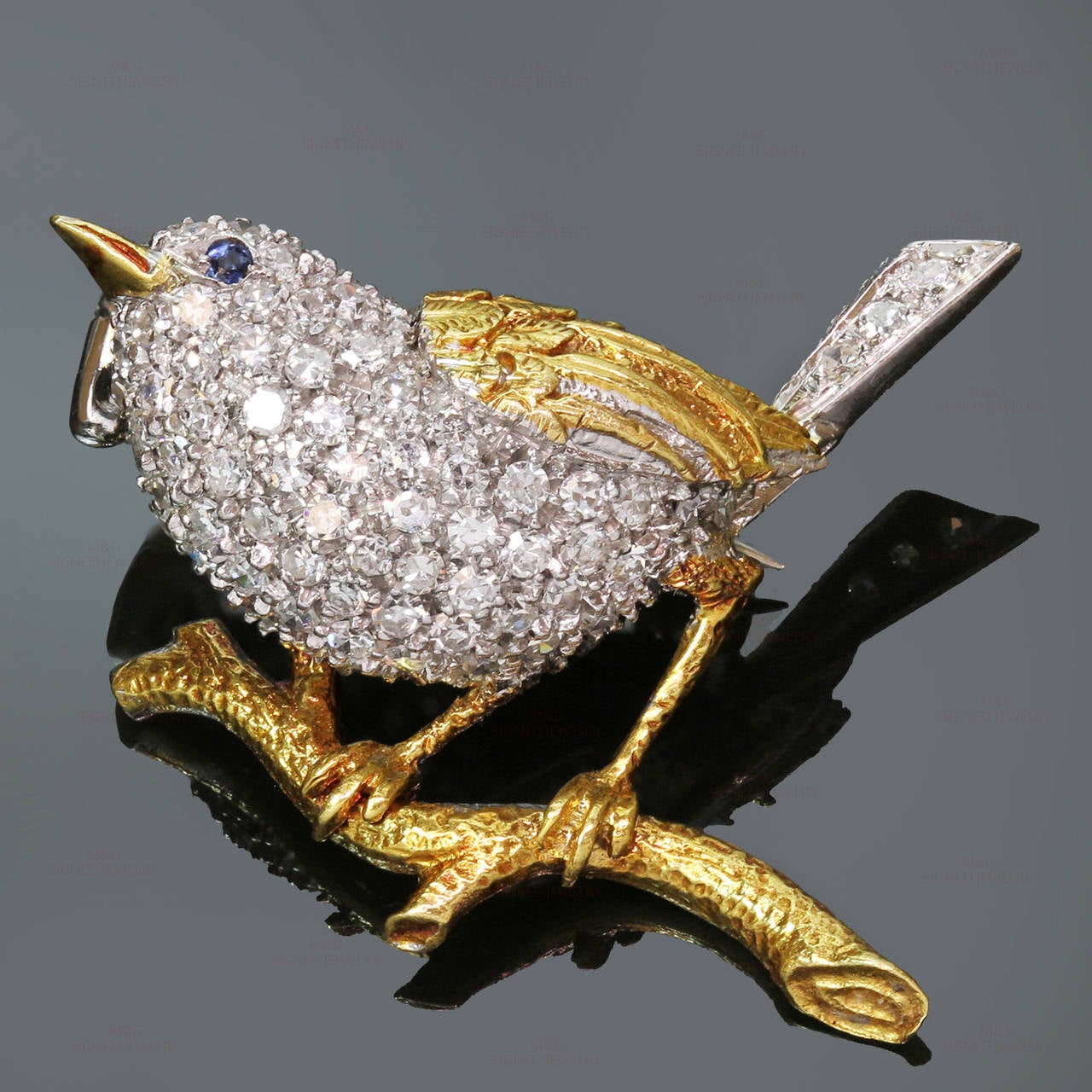 Women's 1960s Tiffany & Co. Sapphire Diamond Gold Bird on Branch Brooch
