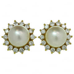 1990s Classic Diamond Pearl Yellow Gold Earrings