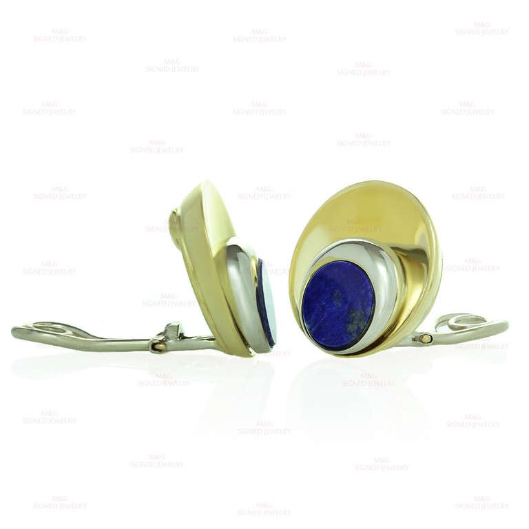 These fabulous clip-on earrings are made 18k yellow gold and set with round lapis lazuli stones. Posts can be added for pierced ears upon request. A fine Italian design of understated elegance. Measurements: 0.74