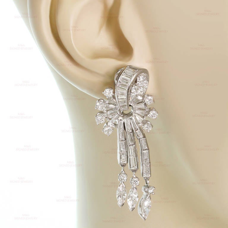 Women's 1950s Diamond Platinum Scroll Chandelier Clip-on Earrings