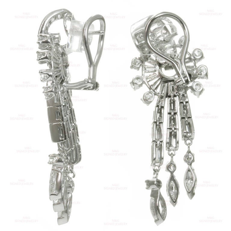 1950s Diamond Platinum Scroll Chandelier Clip-on Earrings 2