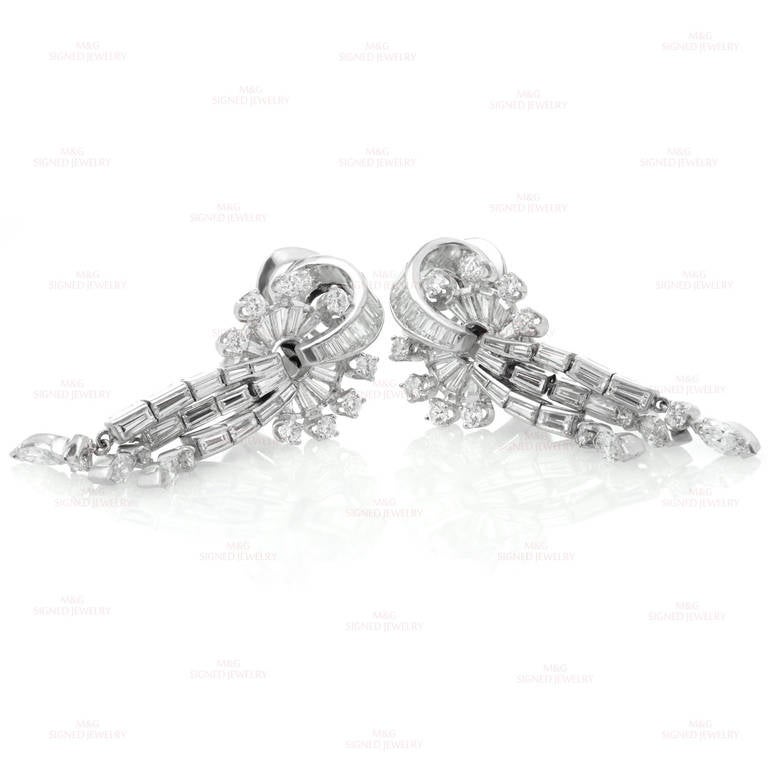 1950s Diamond Platinum Scroll Chandelier Clip-on Earrings 3