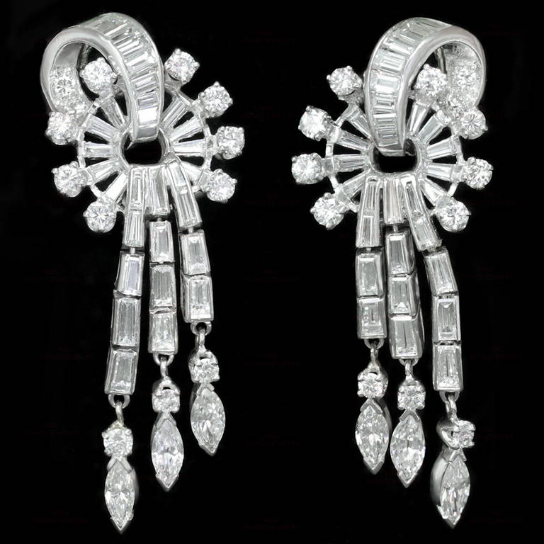 1950s Diamond Platinum Scroll Chandelier Clip-on Earrings 4