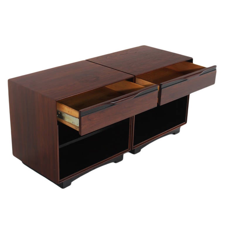 Pair of Walnut and Black Trim Nightstands by Glenn of California For Sale 1