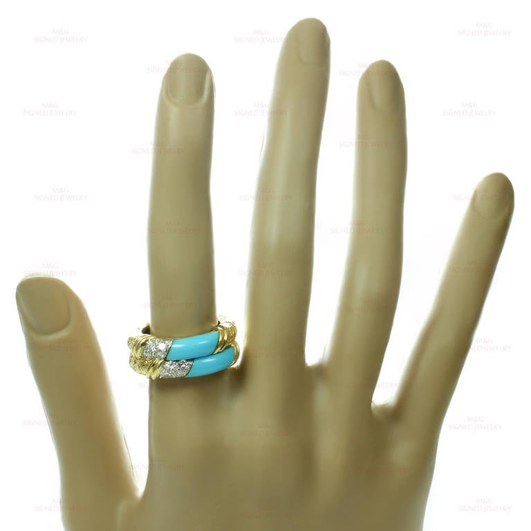 Van Cleef & Arpels Turquoise Diamond Yellow Gold Band Ring, 1960s 2