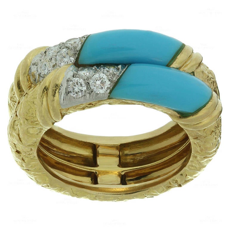 Van Cleef & Arpels Turquoise Diamond Yellow Gold Band Ring, 1960s