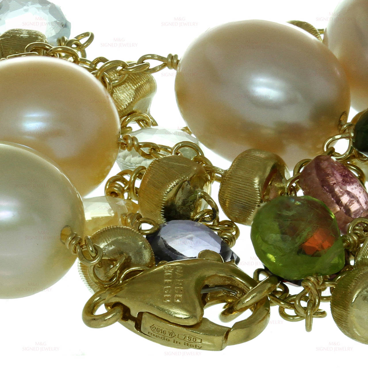 Marco Bicego Paradise Multicolor Gemstone Pearl Gold Necklace In Excellent Condition In New York, NY