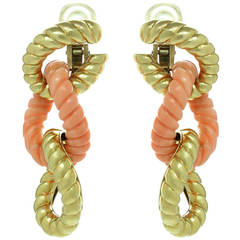 Van Cleef & Arpels Pink Coral Yellow Gold Twisted Hoop Clip-on Earrings