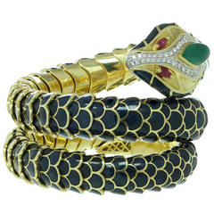Roberto Legnazzi Enamel Multicolor Gemstone Diamond Yellow Gold Snake Bracelet