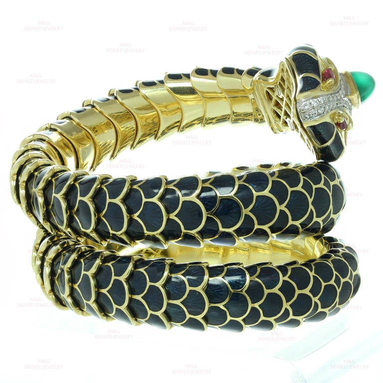 Roberto Legnazzi Enamel Multicolor Gemstone Diamond Yellow Gold Snake Bracelet 1