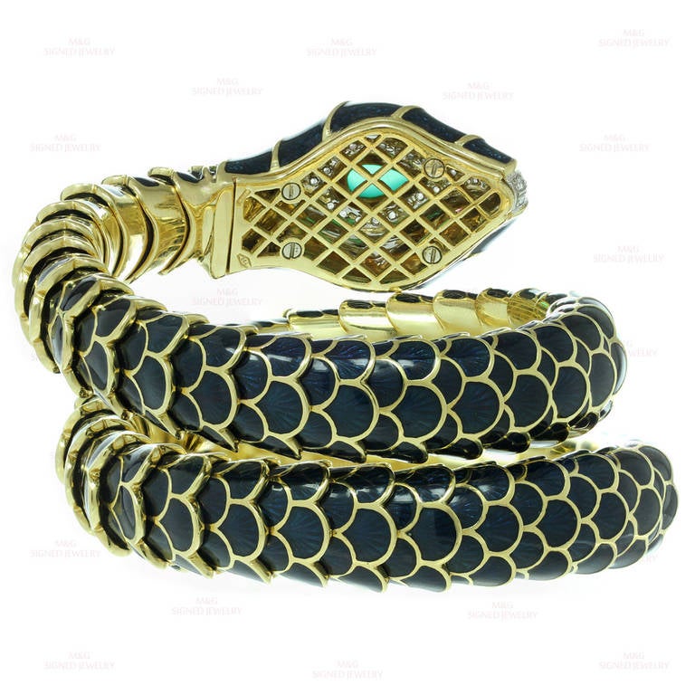 Roberto Legnazzi Enamel Multicolor Gemstone Diamond Yellow Gold Snake Bracelet 2