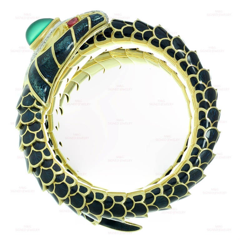 Roberto Legnazzi Enamel Multicolor Gemstone Diamond Yellow Gold Snake Bracelet 4