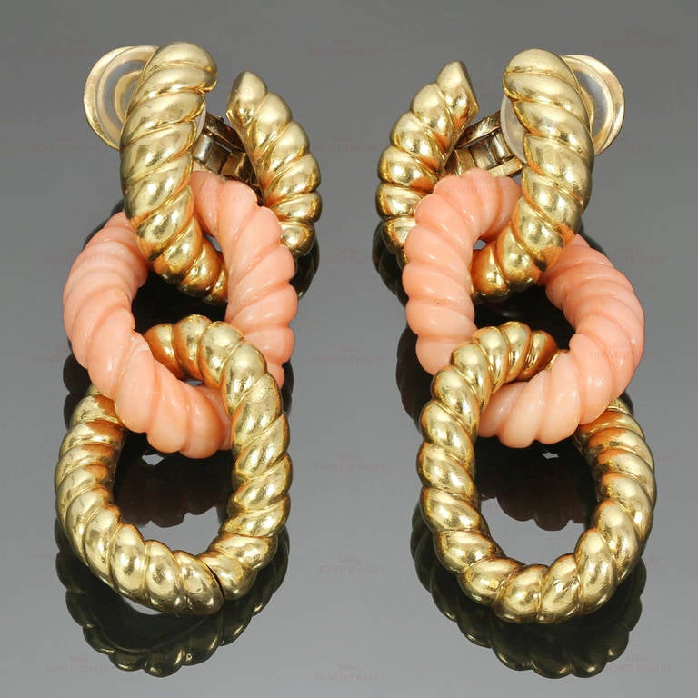 Van Cleef & Arpels Pink Coral Yellow Gold Twisted Hoop Clip-on Earrings