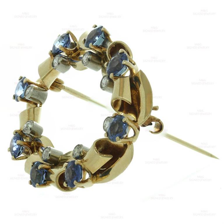 Tiffany & Co. Blue Sapphire Diamond Yellow Gold Brooch In Excellent Condition In New York, NY