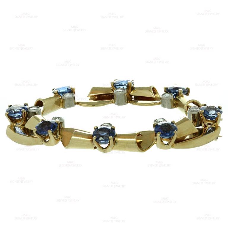 Tiffany & Co. Blue Sapphire Diamond Yellow Gold Brooch 1