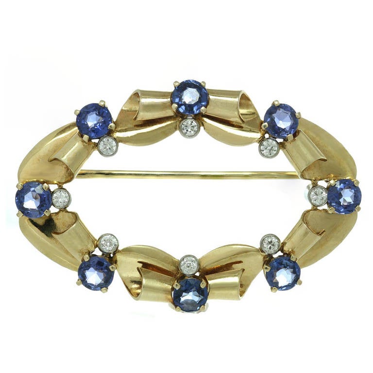 Tiffany & Co. Blue Sapphire Diamond Yellow Gold Brooch