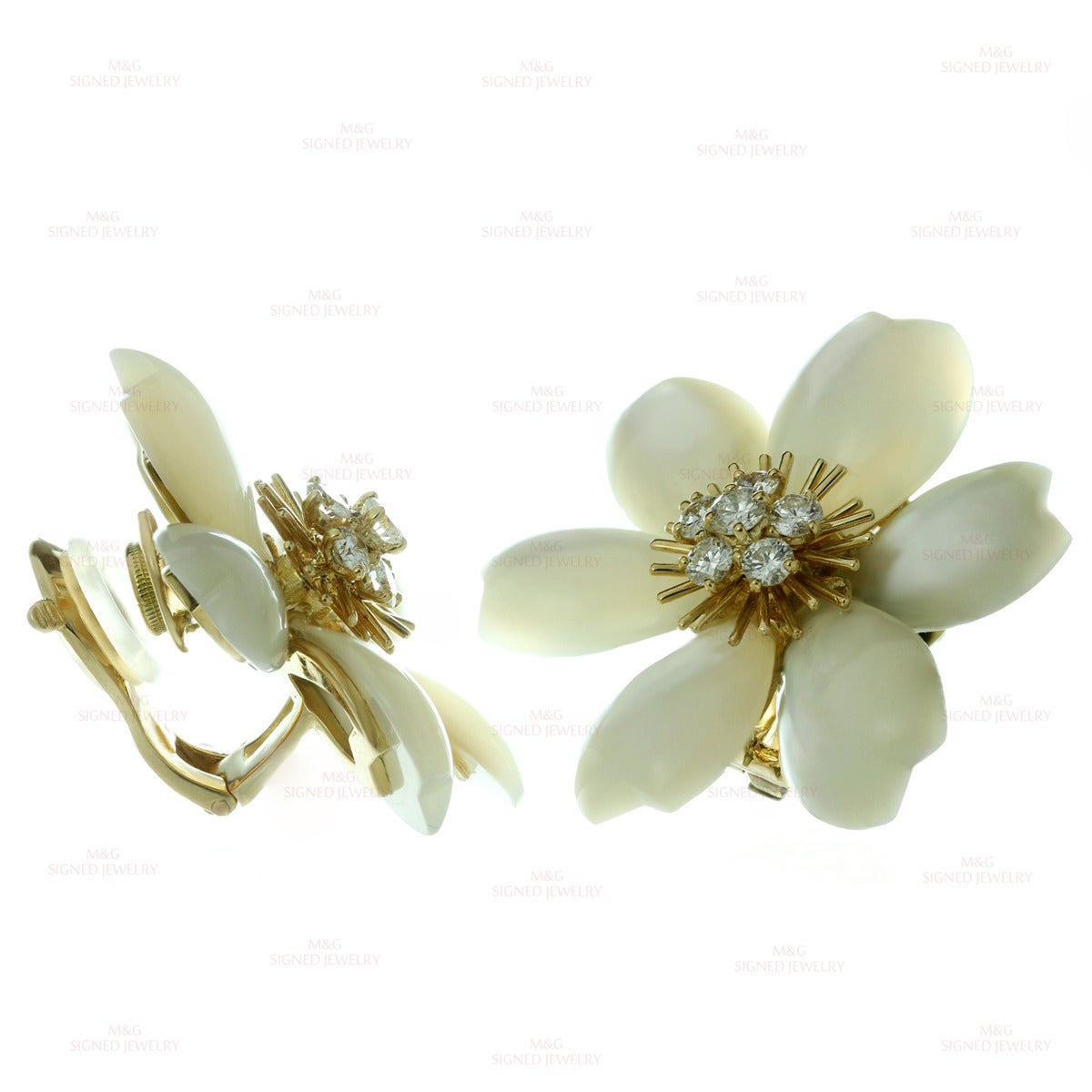 Van Cleef & Arpels Rose De Noel Diamond Mother-of-Pearl Flower Clip-on Earrings 1