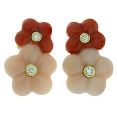 Van Cleef & Arpels Coral Diamond Yellow Gold Flower Clip-on Earrings