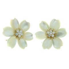 Van Cleef & Arpels Rose De Noel Diamond Mother-of-Pearl Flower Clip-on Earrings