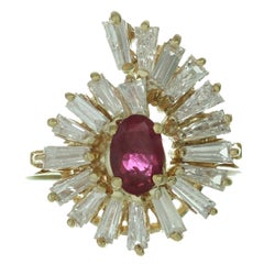 1980s BALLERINA Ruby Gold Baguette Diamond Cocktail Ring