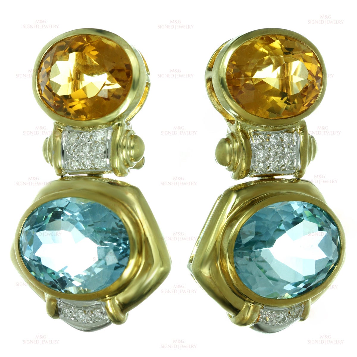 Blue Topaz Citrine Diamond Yellow Gold Drop Earrings In Excellent Condition In New York, NY