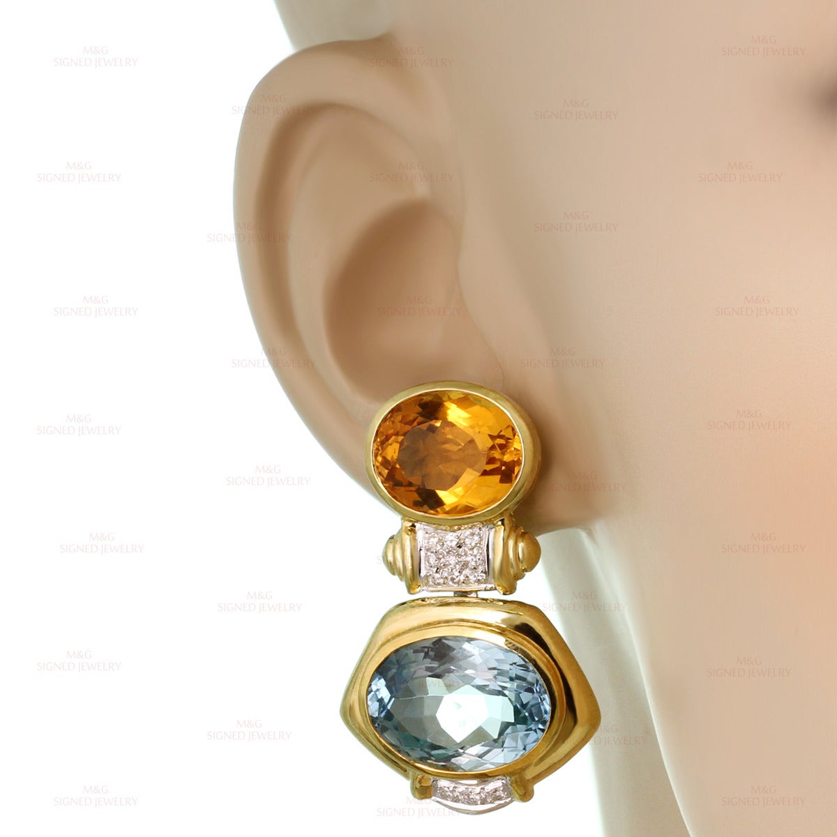 Blue Topaz Citrine Diamond Yellow Gold Drop Earrings 2