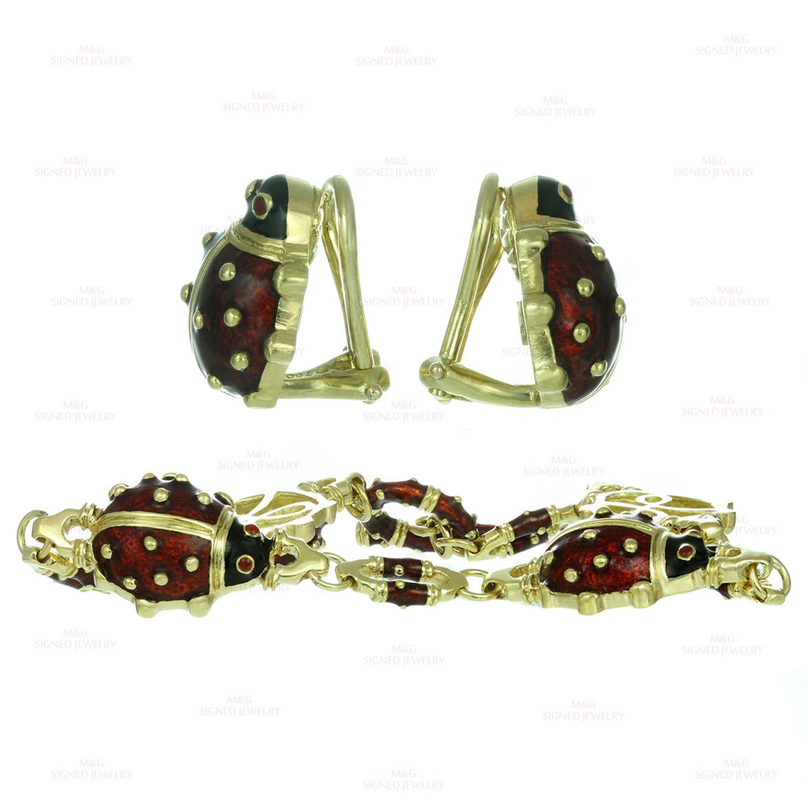 Women's Hidalgo Enamel Yellow Gold Ladybug Bracelet and Earrings Set