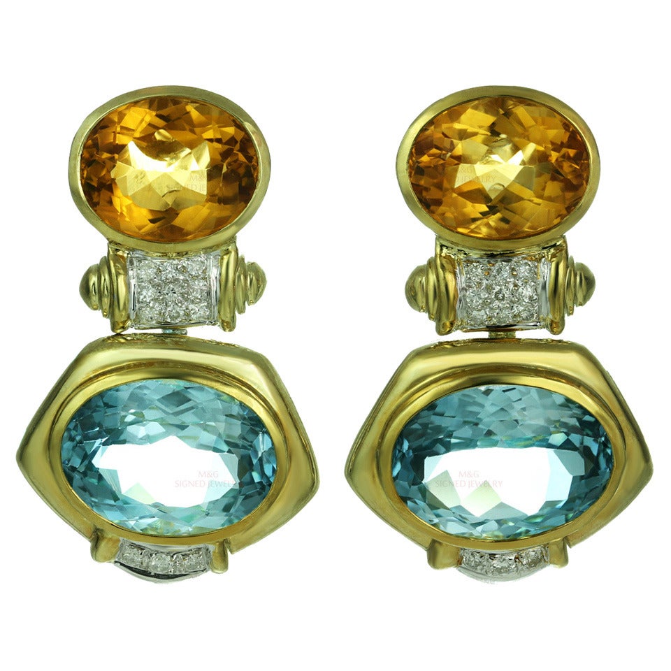 Blue Topaz Citrine Diamond Yellow Gold Drop Earrings