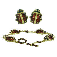 Hidalgo Enamel Yellow Gold Ladybug Bracelet and Earrings Set