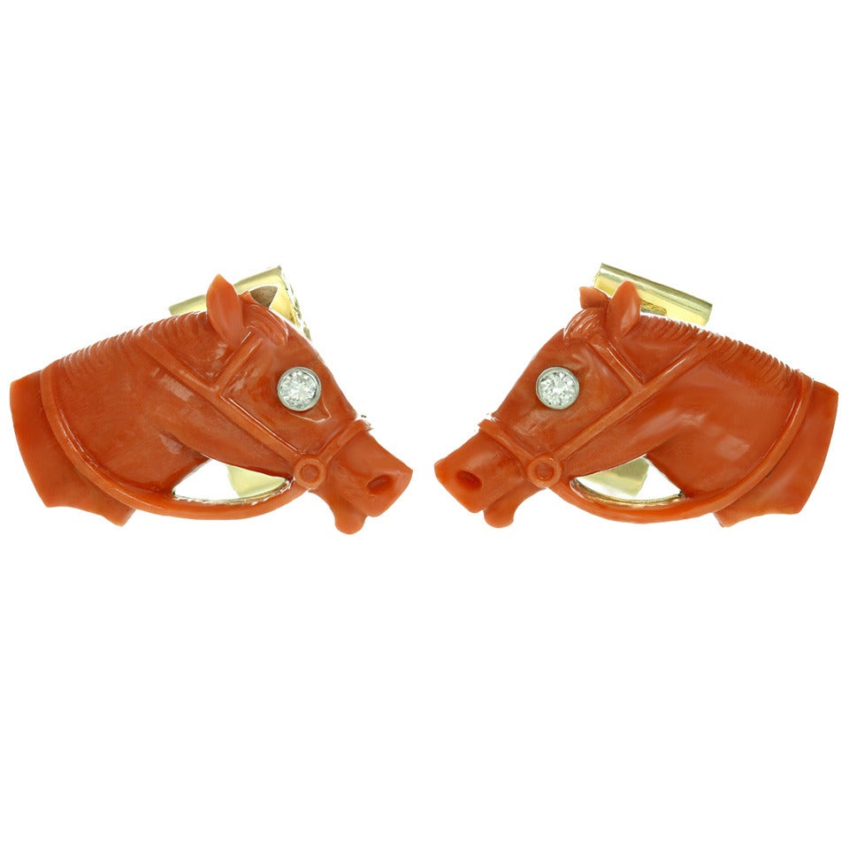 Red Coral Diamond Yellow Gold Horse Cufflinks For Sale