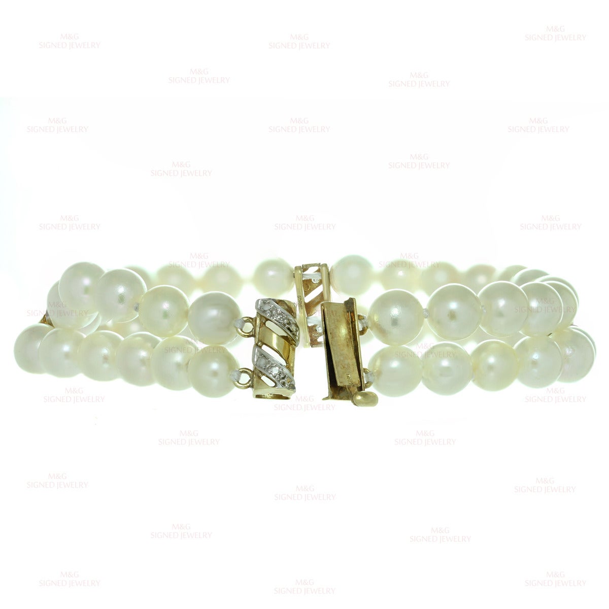 Women's Double Strand Cultured Pearl Diamond Gold Bracelet