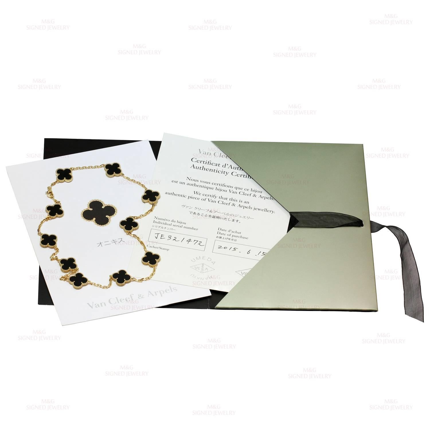 Van Cleef & Arpels Vintage Alhambra 10-Motif Onyx Gold Necklace Papers In Excellent Condition In New York, NY