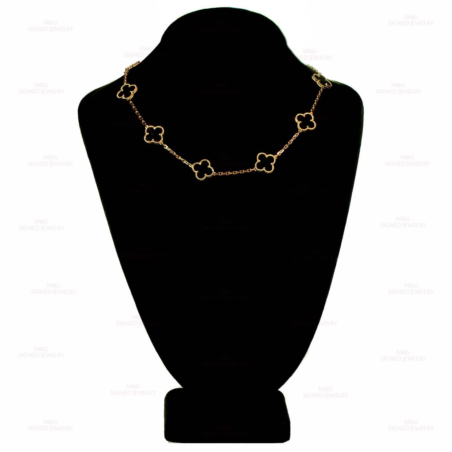 Women's Van Cleef & Arpels Vintage Alhambra 10-Motif Onyx Gold Necklace Papers