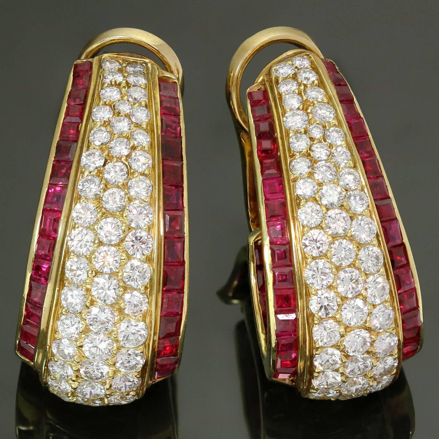 These elegant Van Cleef & Arpels clip-on earrings feature full-cut sparkling diamonds accented by vividly deep red square-shaped rubies set in 18k yellow gold. Posts can be added upon request for pierced ears. Simply stunning.
12mm (1/2