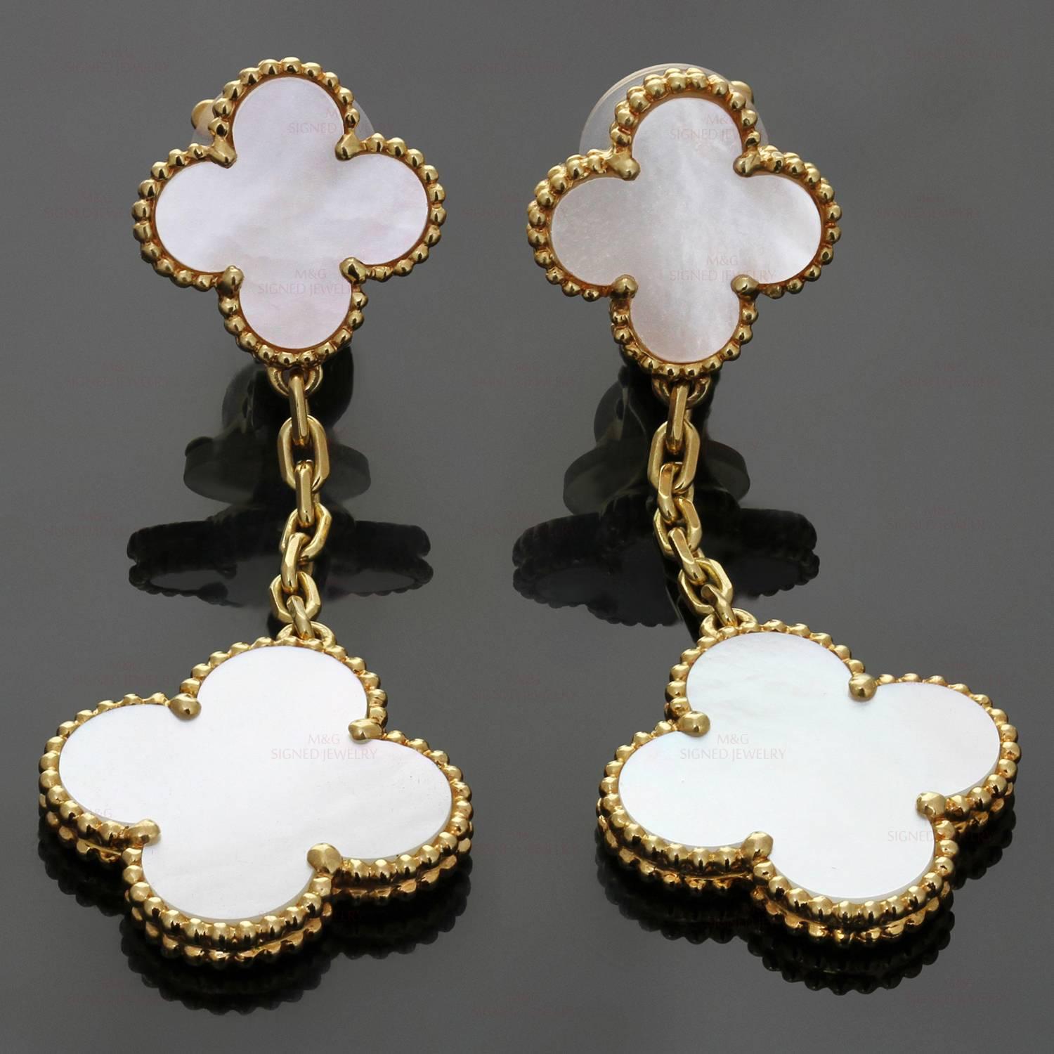 Van Cleef & Arpels Magic Alhambra Mother-Of-Pearl Gold Drop Earrings In Excellent Condition In New York, NY