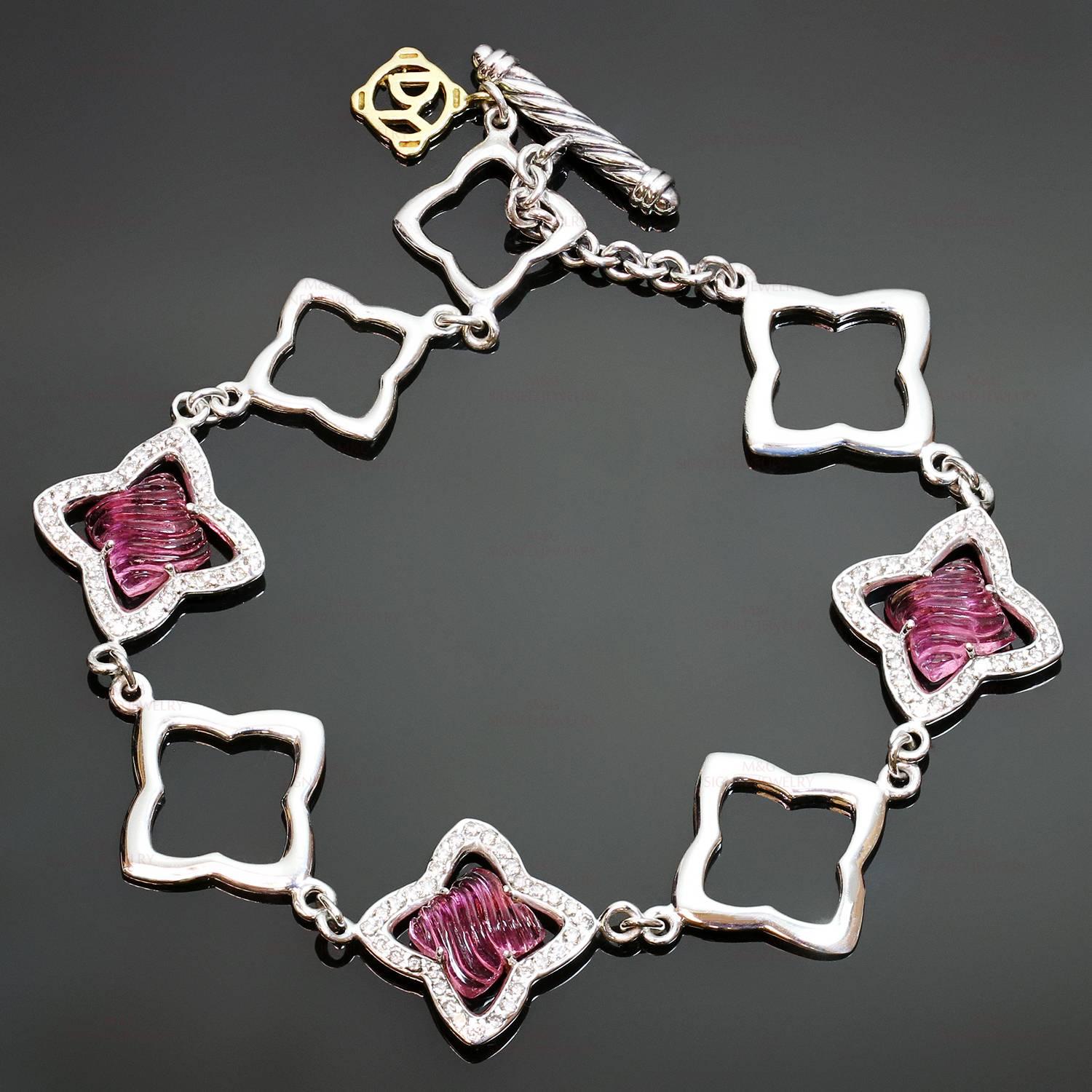 This elegant quatrefoil toggle bracelet is crafted in sterling silver with 18k yellow gold accents and beautifully set with pink tourmaline stones and sparkling diamonds of an estimated 1 carat. Made in United States. Measurements: 0.66