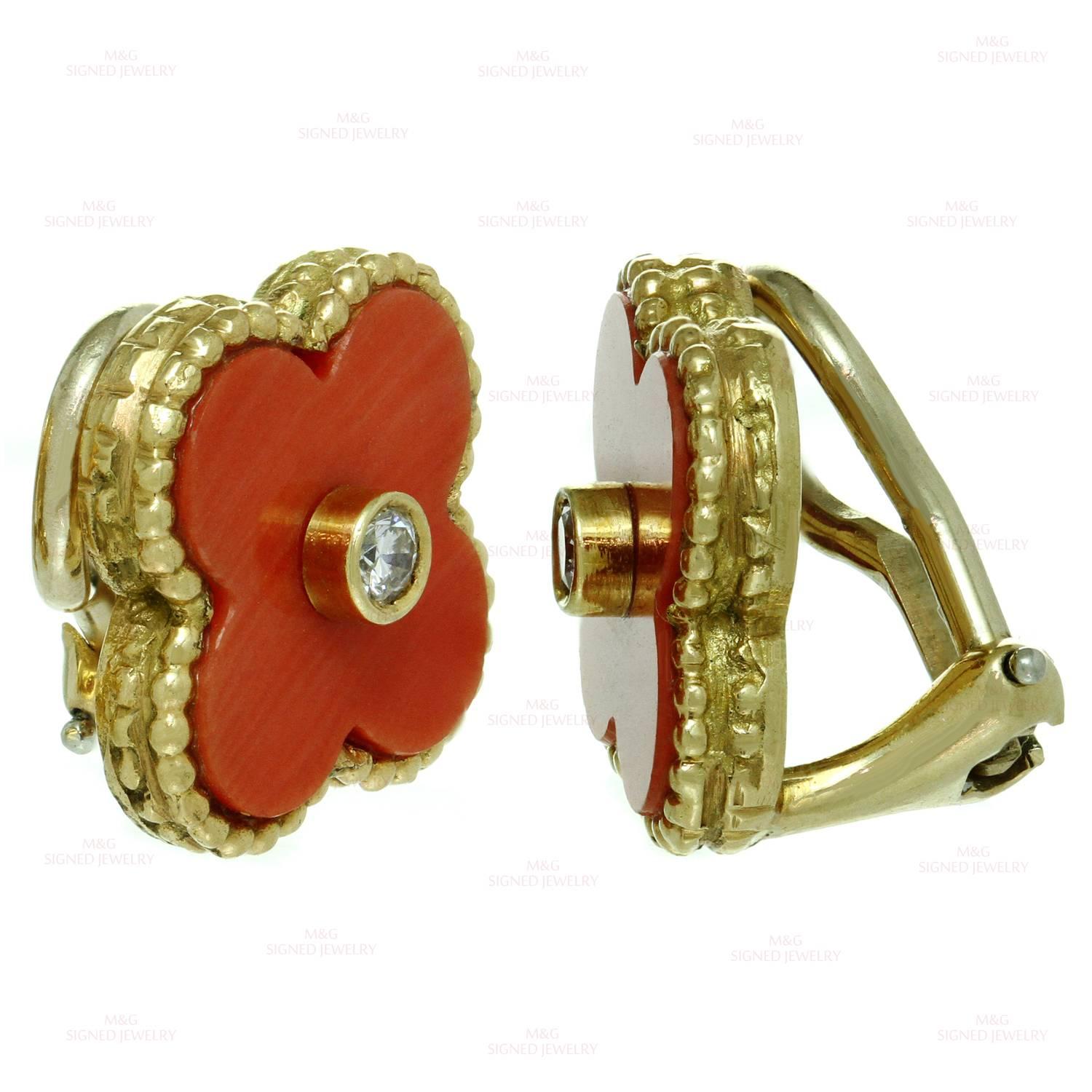 Van Cleef & Arpels Alhambra Coral Diamond gold Earrings In Excellent Condition In New York, NY