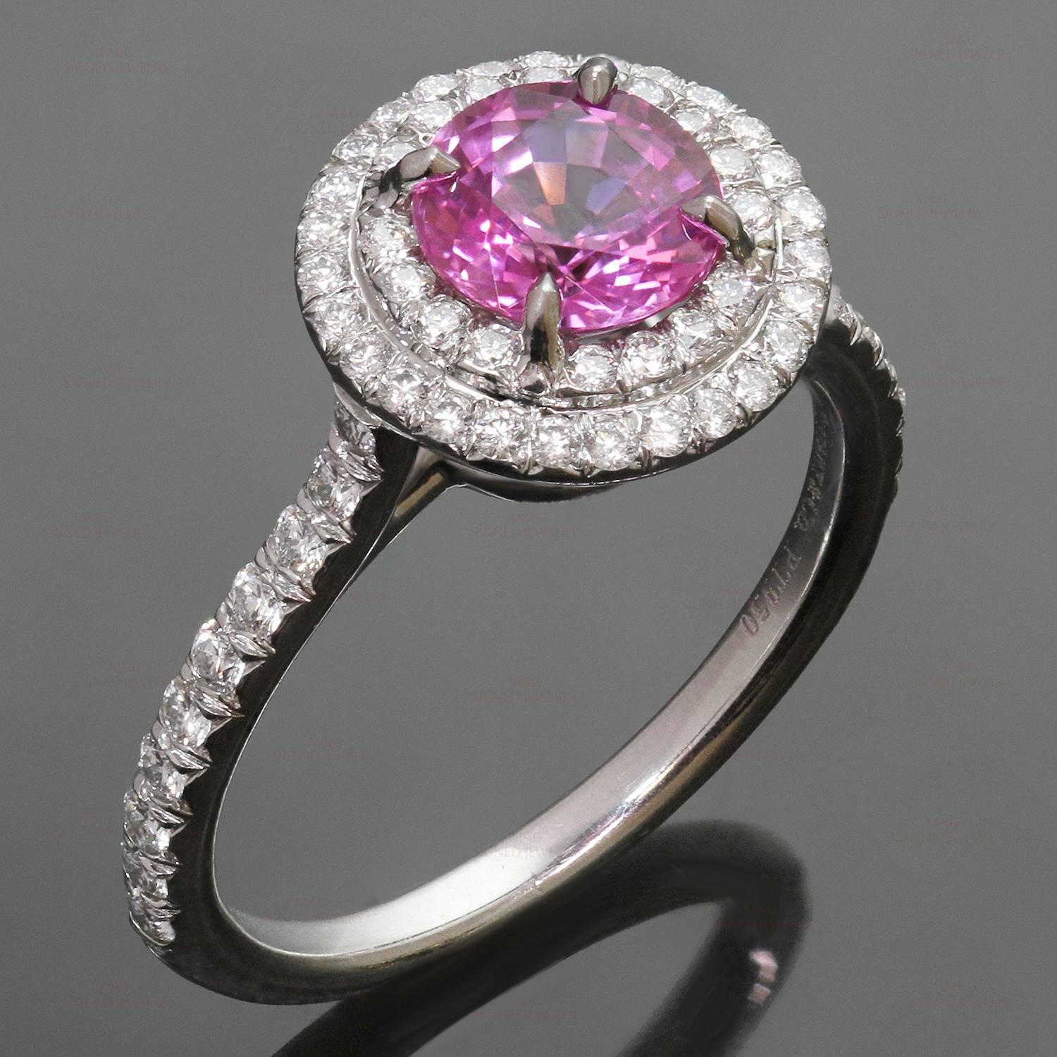 This stunning Tiffany & Co's Soleste collection is crafted in fine platinum and set with a faceted round pink sapphire of an estimated 1.25 carats and accented with brilliant-cut round diamonds of an estimated 0.36 carats. Made in United States